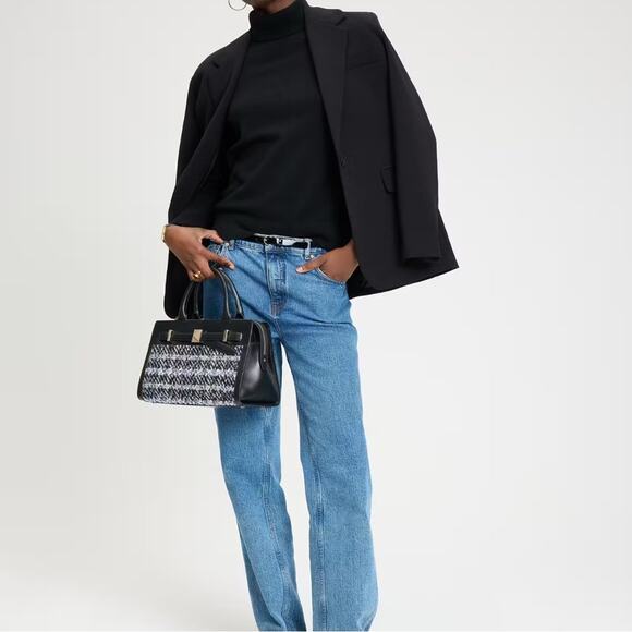 Kate Spade Deco Plaid Tweed Medium Satchel Elegant Black and Blue Tweed Handbag - Picture 10 of 10